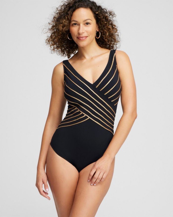 Women's Gottex V-neck One Piece Swimsuit - Black/Gold - Click Image to Close