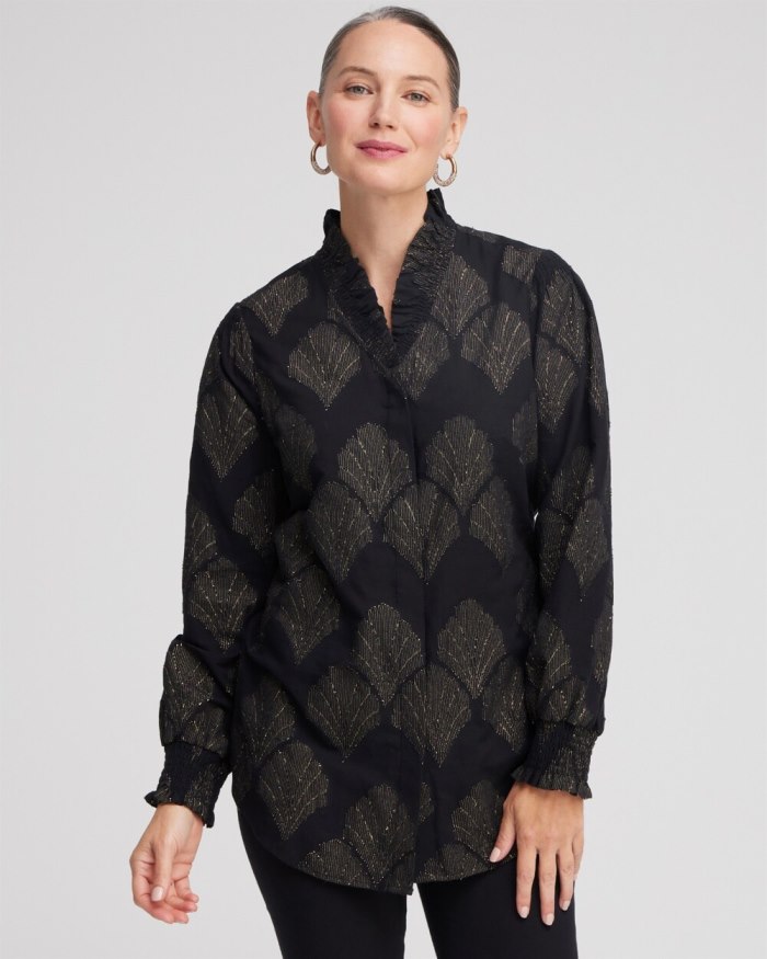 Women's Jacquard Ruffle Neck Shirt - Black