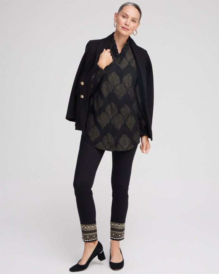 Women's Jacquard Ruffle Neck Shirt - Black