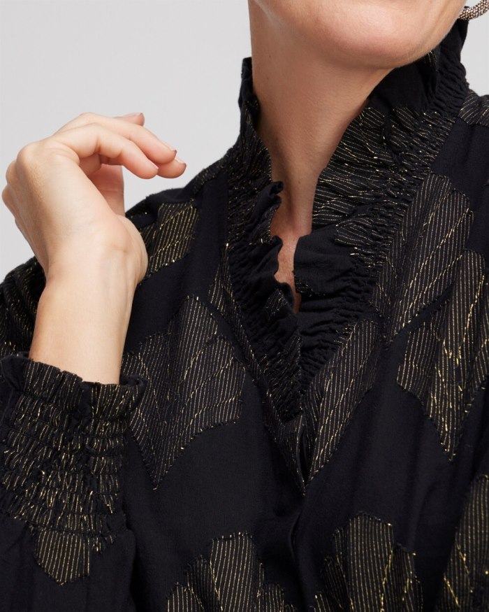 Women's Jacquard Ruffle Neck Shirt - Black