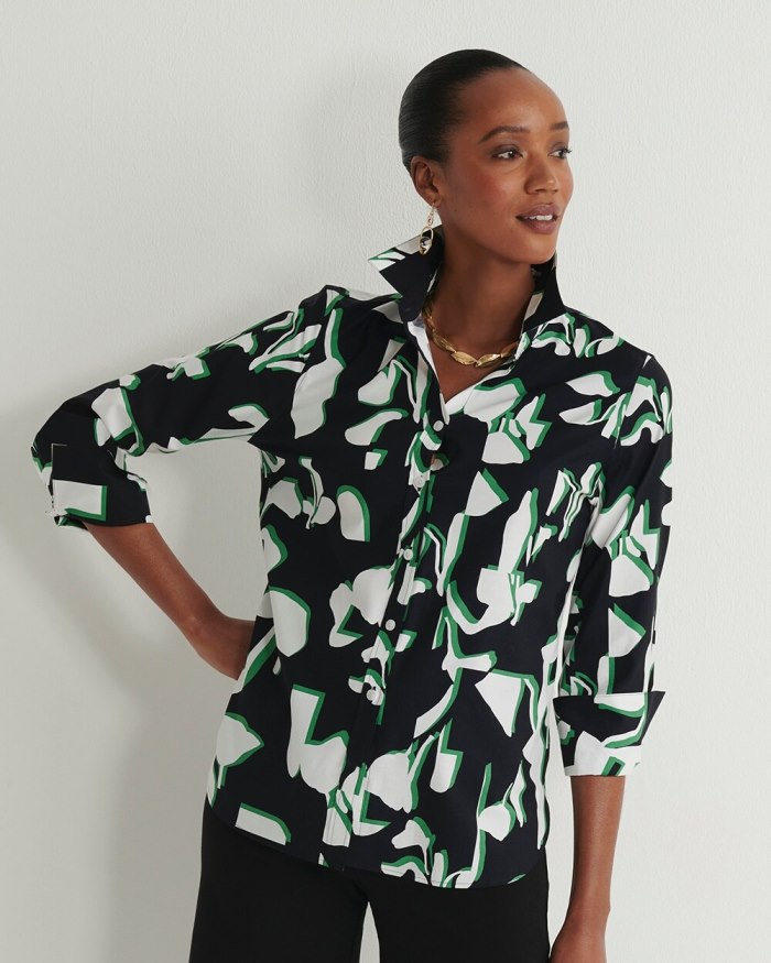 Women's No Iron Stretch Floral 3/4 Sleeve Shirt - Verdant Green - Click Image to Close