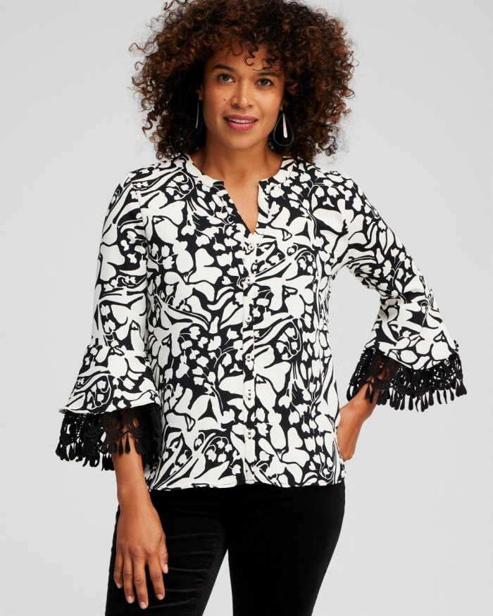 Women's Lace Detail Floral Top - Alabaster/Black - Click Image to Close