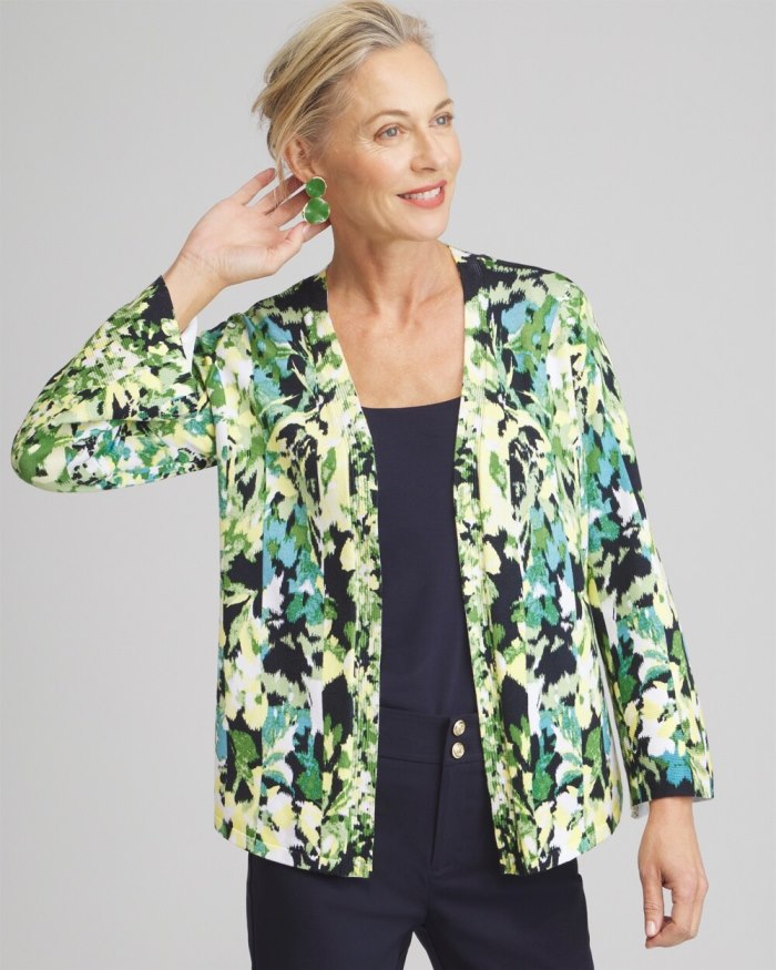 Women's Spun Rayon Floral Flare Sleeve Cardigan - Verdant Green - Click Image to Close