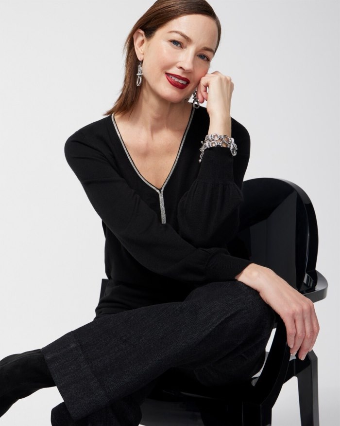 Women's Caviar Trim V-Neck Pullover Sweater - Black