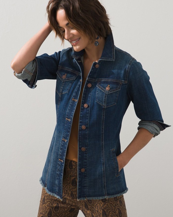 Women's Indigo Frayed Hem Denim Jacket - Sequoia Indigo - Click Image to Close