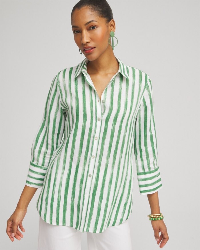 Women's No Iron Linen Stripe 3/4 Sleeve Shirt - Verdant Green