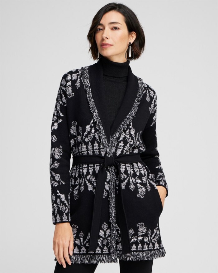 Women's Medallion Print Shawl Cardigan - Black