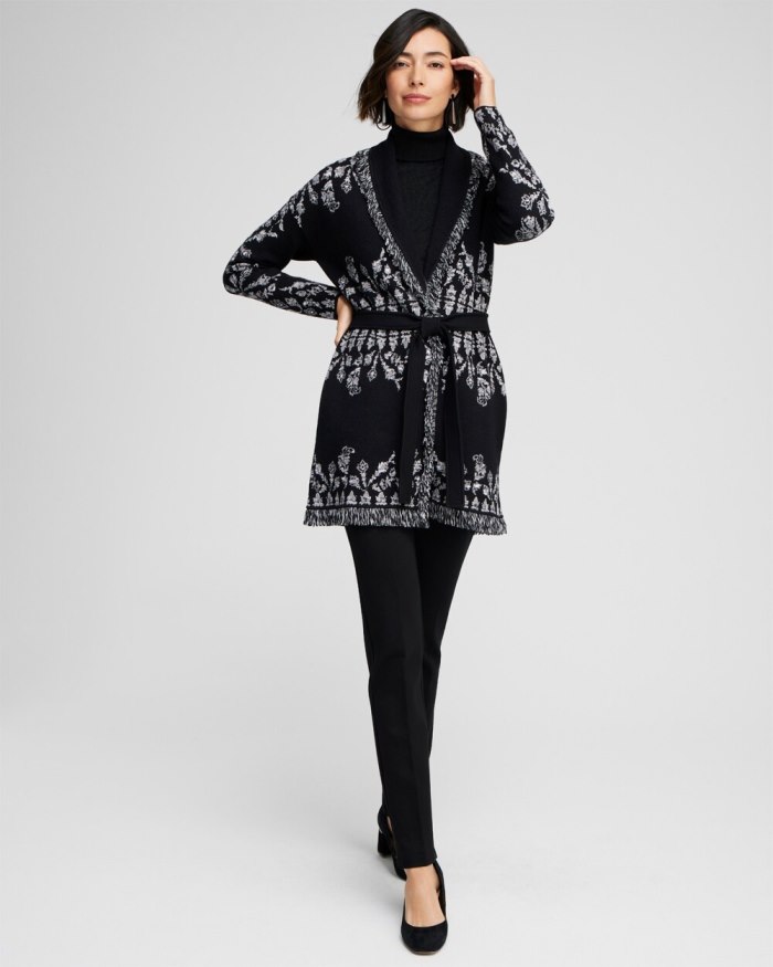 Women's Medallion Print Shawl Cardigan - Black