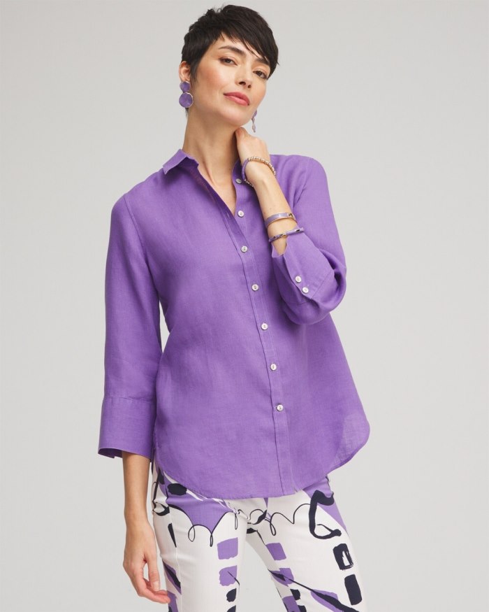 Women's No Iron Linen 3/4 Sleeve Shirt - Parisian Purple - Click Image to Close