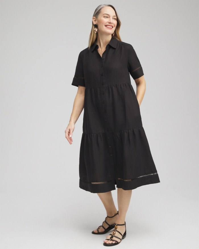 Women's Linen Lattice Trim Midi Dress - Black