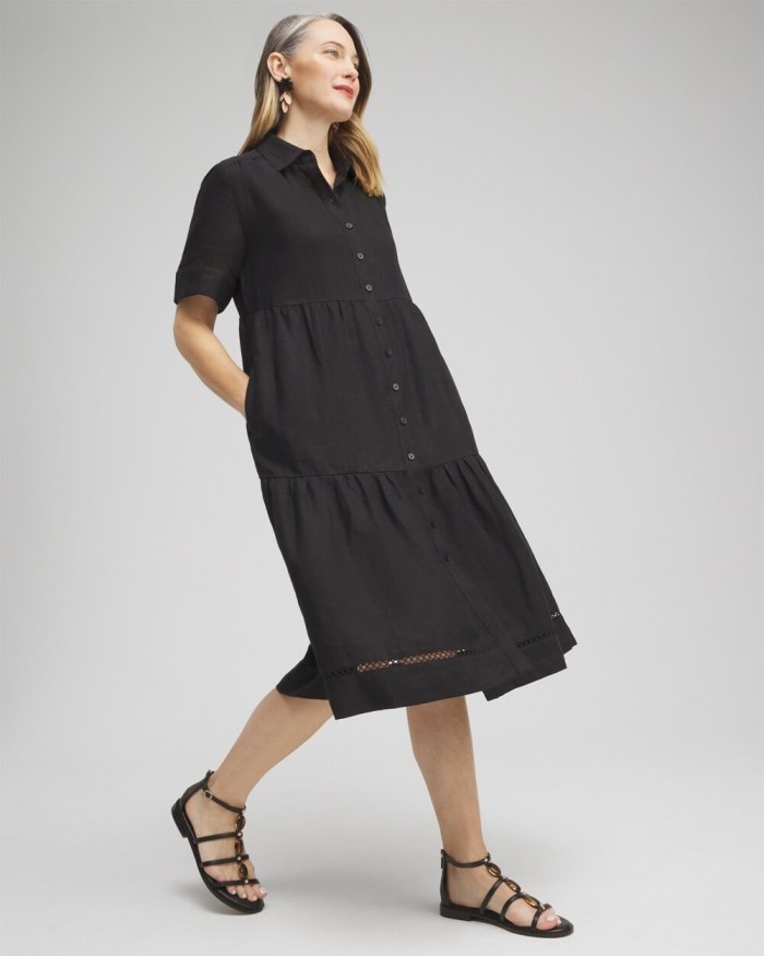 Women's Linen Lattice Trim Midi Dress - Black