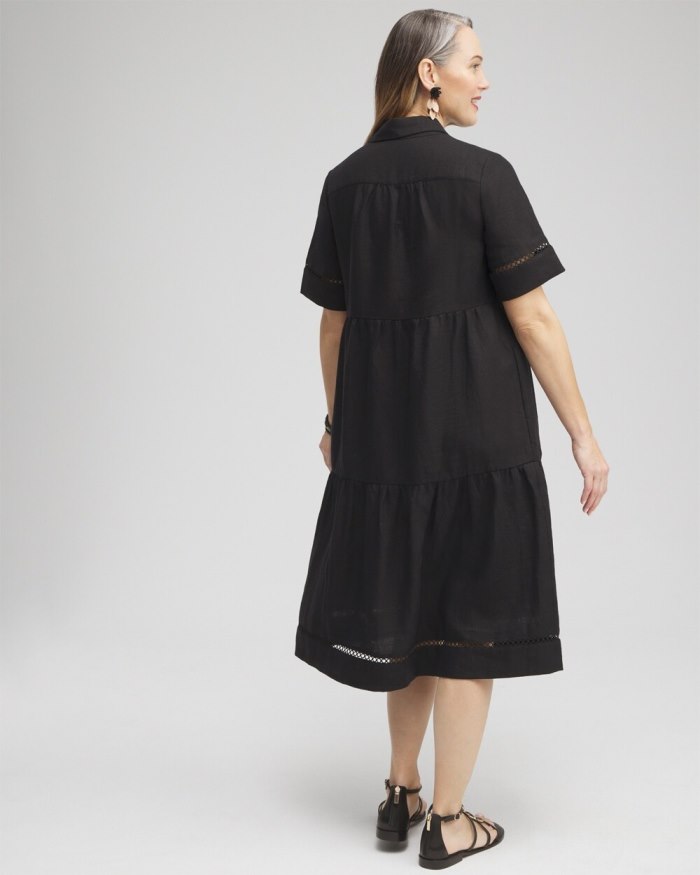 Women's Linen Lattice Trim Midi Dress - Black