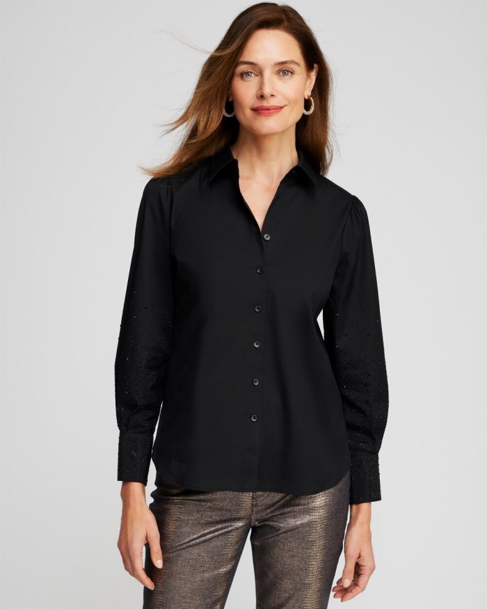 Women's Poplin Embellished Sleeve Shirt - Black