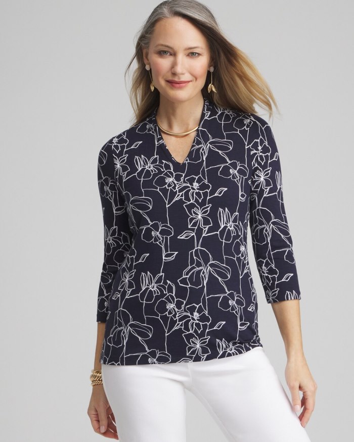 Women's Touch of Cool Floral 3/4 Sleeve Tee - Classic Navy - Click Image to Close