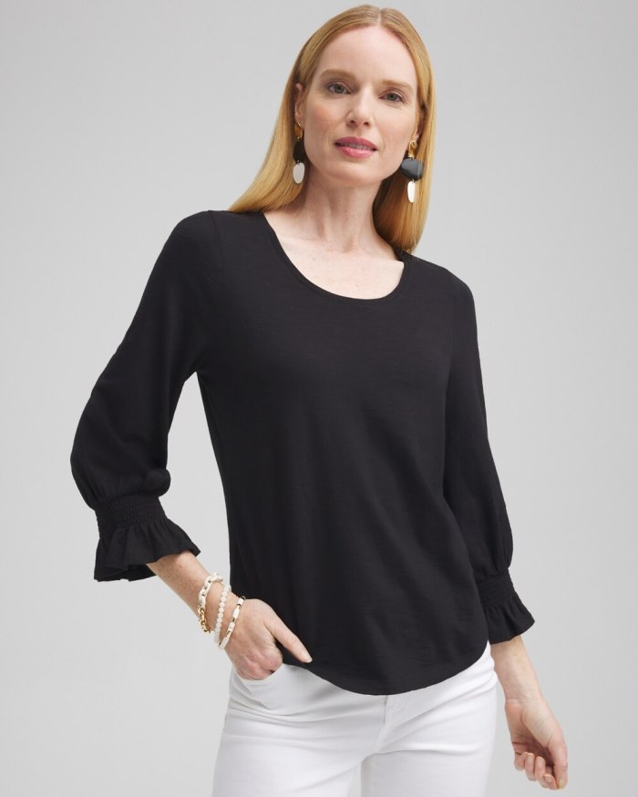 Women's Smocked 3/4 Sleeve Tee - Black - Click Image to Close