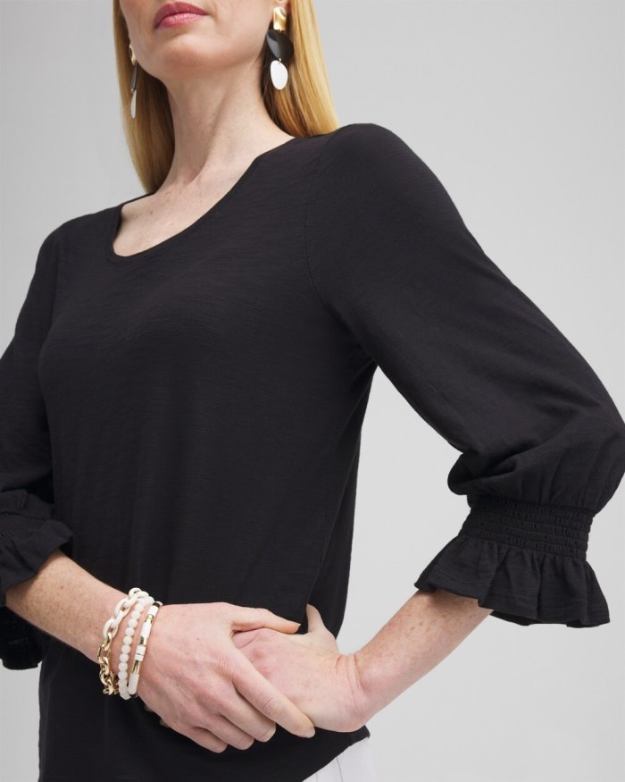 Women's Smocked 3/4 Sleeve Tee - Black