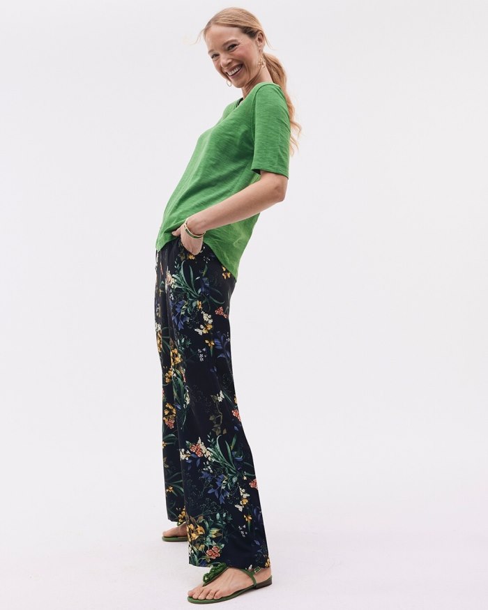 Women's Floral Wide Leg Soft Pants - Black And Green - Click Image to Close