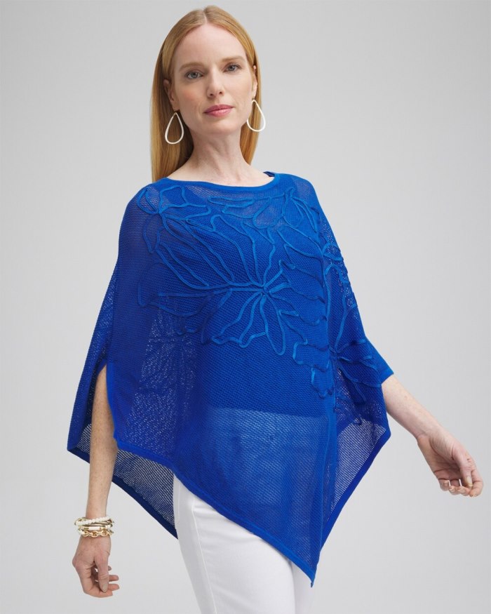 Women's Embroidered Knit Triangle Poncho - Intense Azure