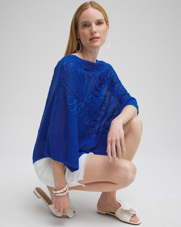 Women's Embroidered Knit Triangle Poncho - Intense Azure