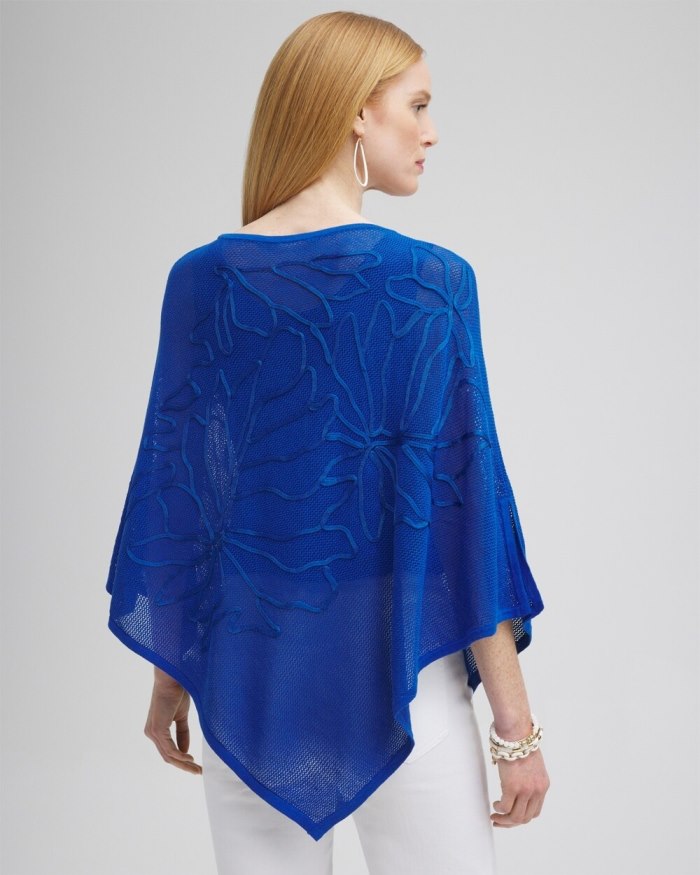 Women's Embroidered Knit Triangle Poncho - Intense Azure