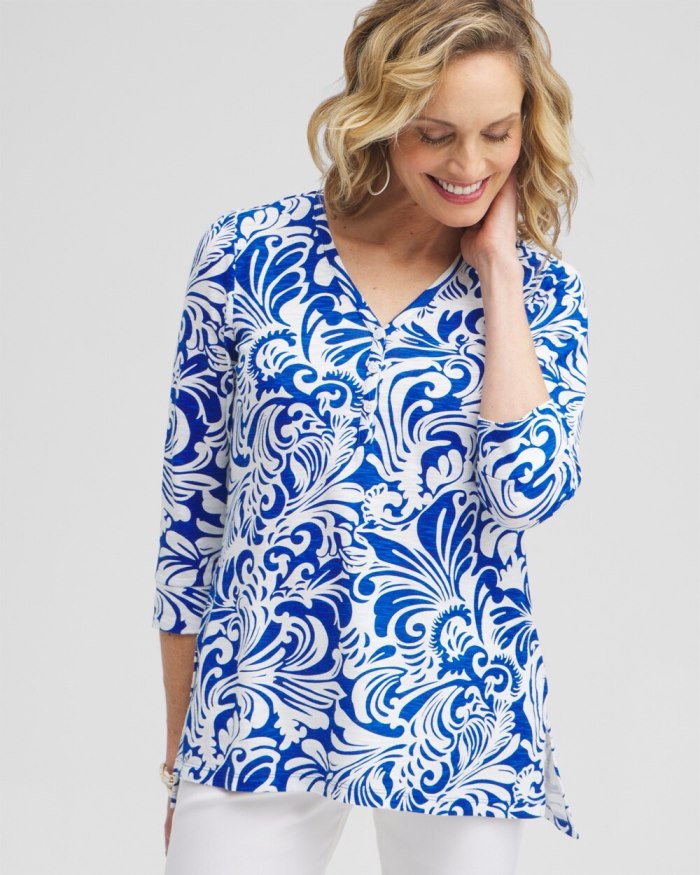 Women's Scrolls Henley Side Slit Tunic - Intense Azure