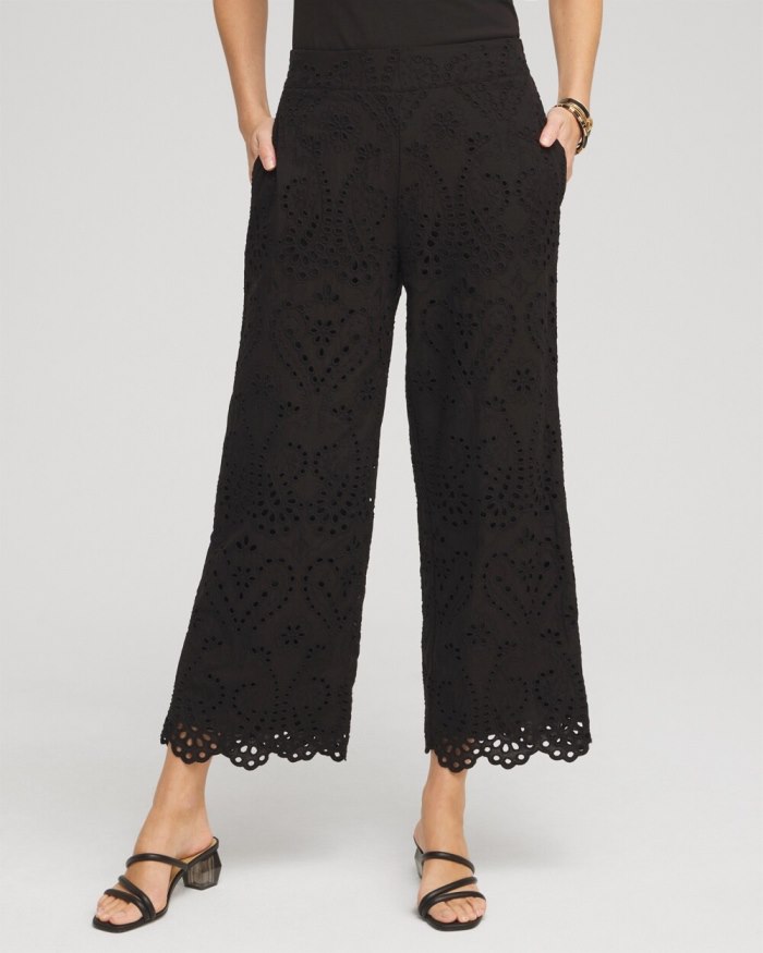 Women's Eyelet Lace Cropped Pants - Black - Click Image to Close