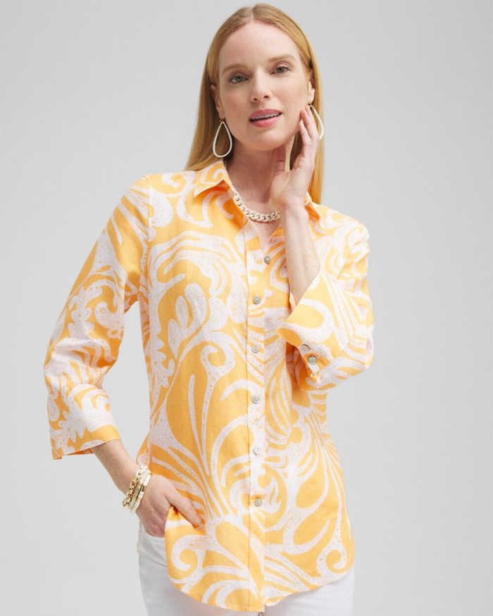 Women's No Iron Linen Scroll 3/4 Sleeve Shirt - Mango Sorbet