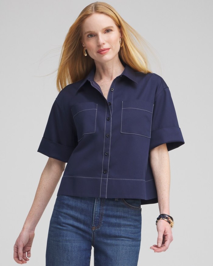 Women's No Iron Stretch Short Sleeve Shirt - Classic Navy - Click Image to Close