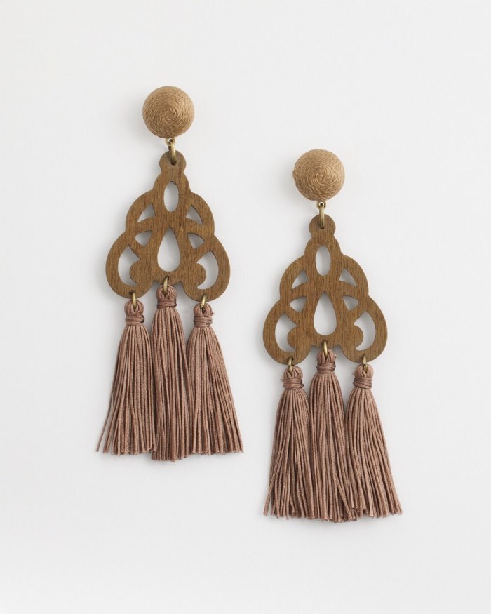 Women's No Droop Neutral Fringe Earrings - Teakwood