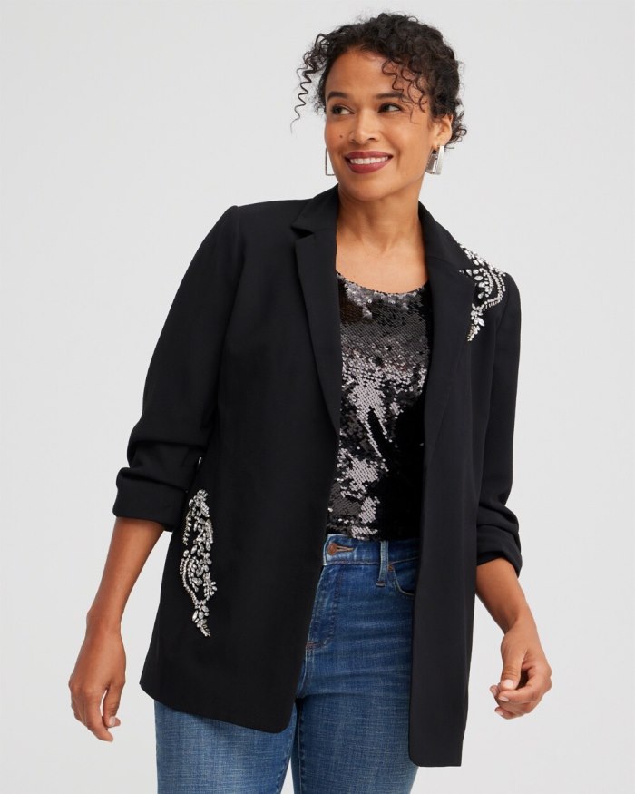 Women's Crepe Embellished Soft Blazer - Black