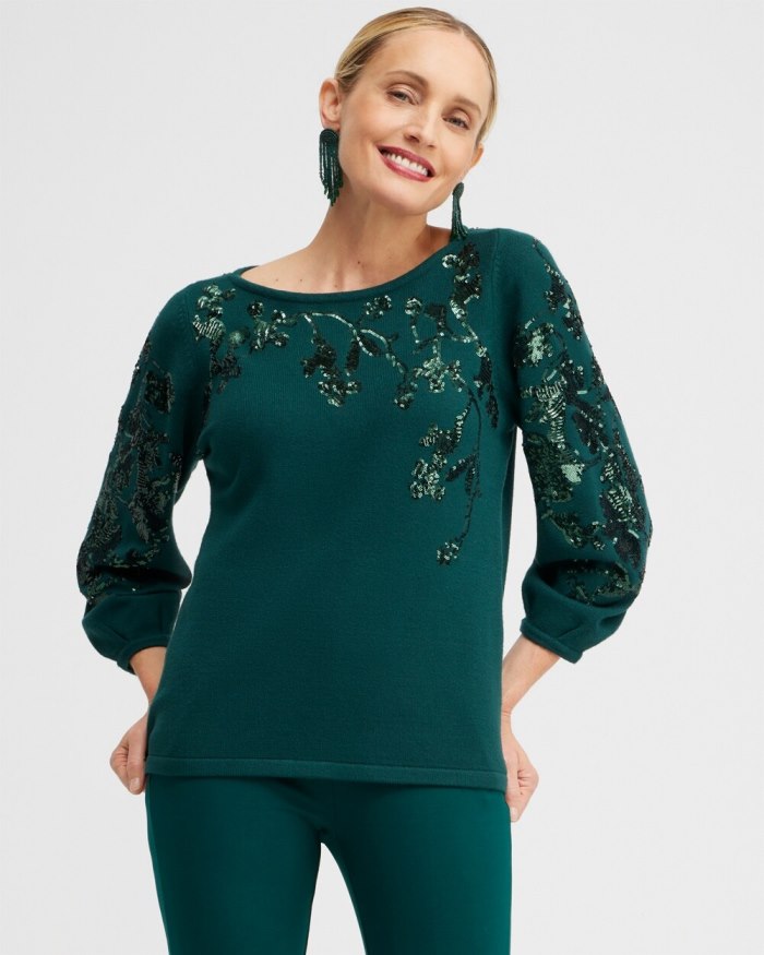 Women's Sequin Floral Pullover Sweater - Enchanted Forest - Click Image to Close