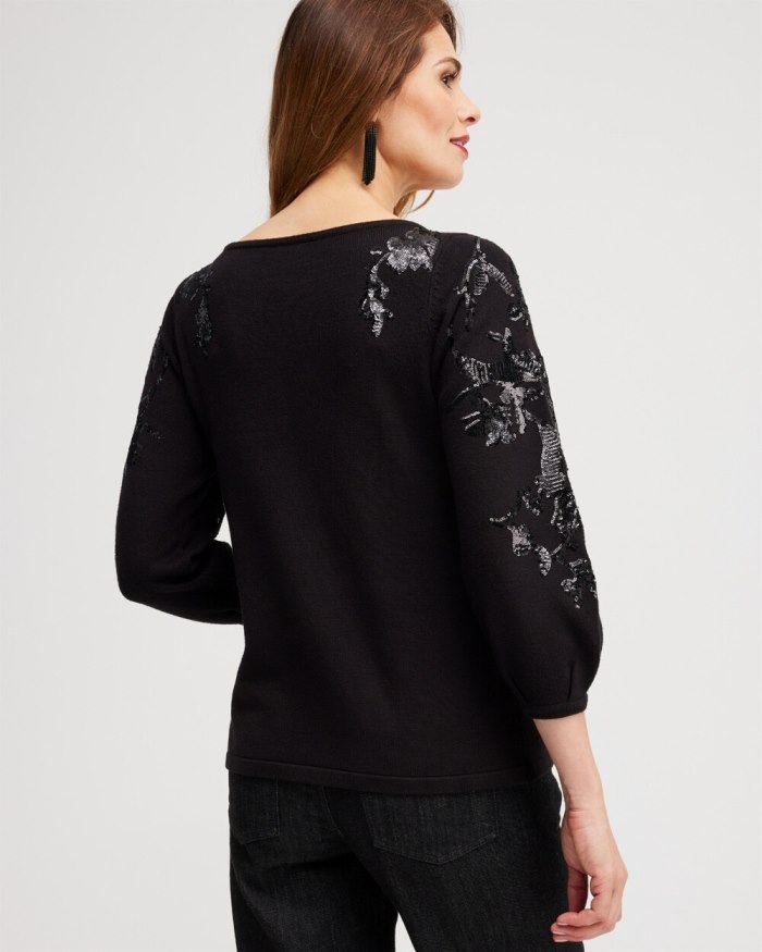 Women's Sequin Floral Pullover Sweater - Enchanted Forest