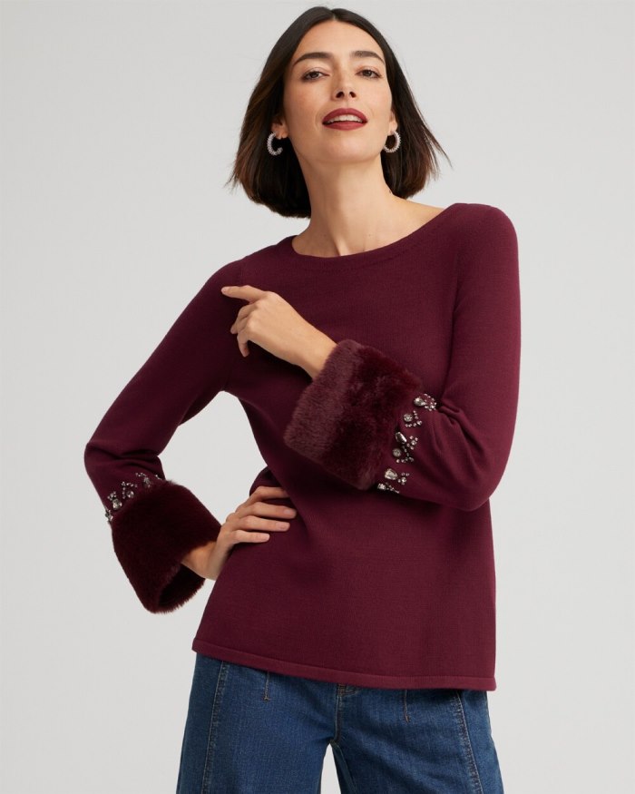 Women's Faux Fur Trim Embellished Sweater - Deep Merlot - Click Image to Close