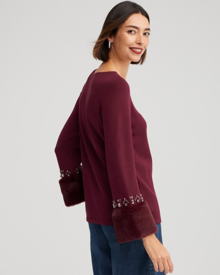 Women's Faux Fur Trim Embellished Sweater - Deep Merlot