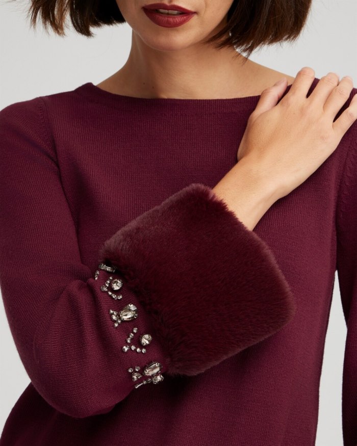 Women's Faux Fur Trim Embellished Sweater - Deep Merlot