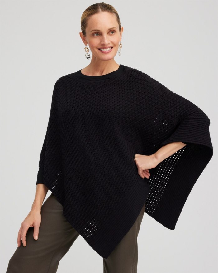 Women's Knit Triangle Poncho - Black - Click Image to Close