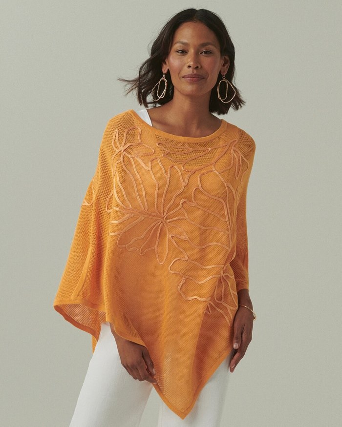 Women's Embroidered Knit Triangle Poncho - Mango Sorbet - Click Image to Close