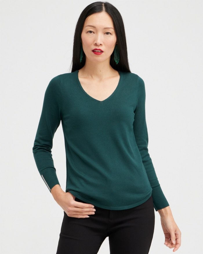 Women's Caviar Trim V-Neck Pullover Sweater - Enchanted Forest