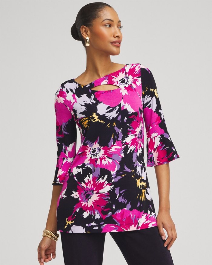 Women's Travelers Floral Keyhole Top - Magenta Rose - Click Image to Close