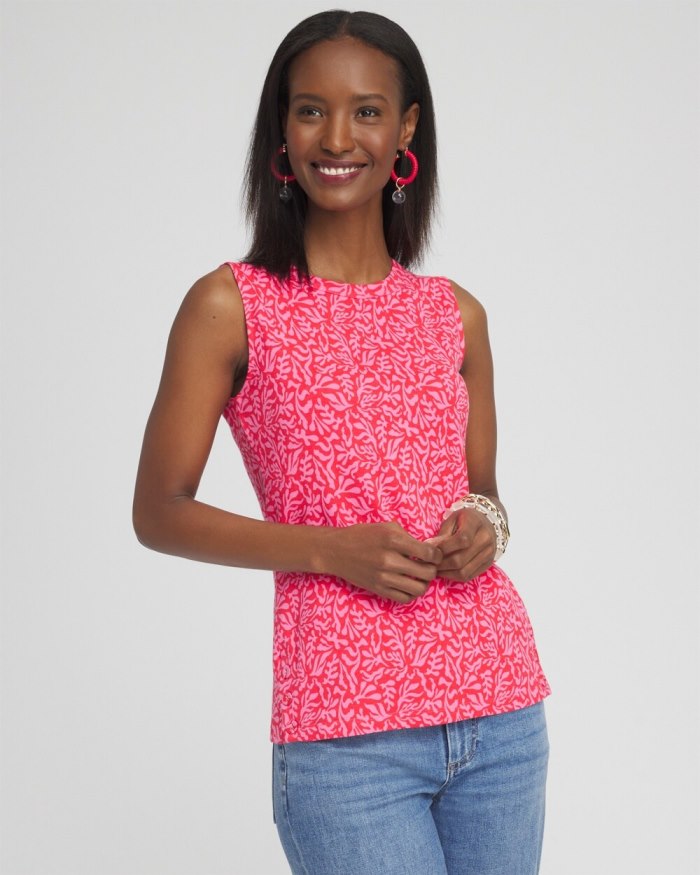 Women's Floral Button Detail Tank - DELIGHTFUL PINK - Click Image to Close