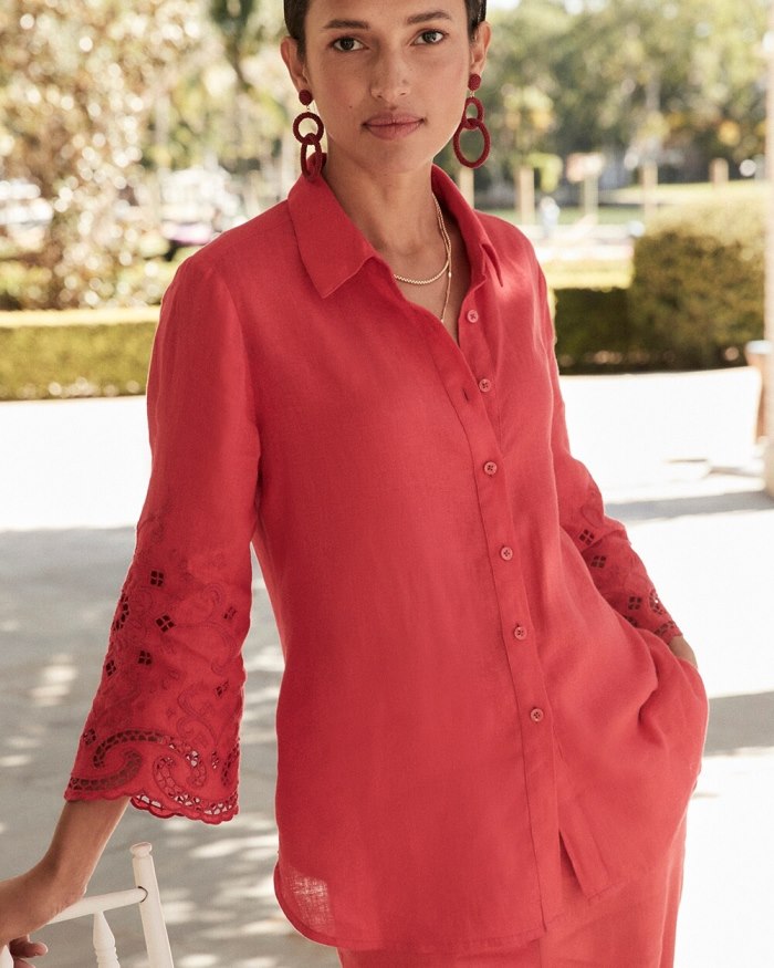 Women's Linen Eyelet Sleeve Shirt - Watermelon Punch - Click Image to Close