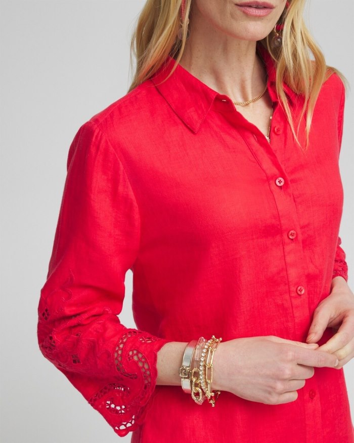 Women's Linen Eyelet Sleeve Shirt - Watermelon Punch