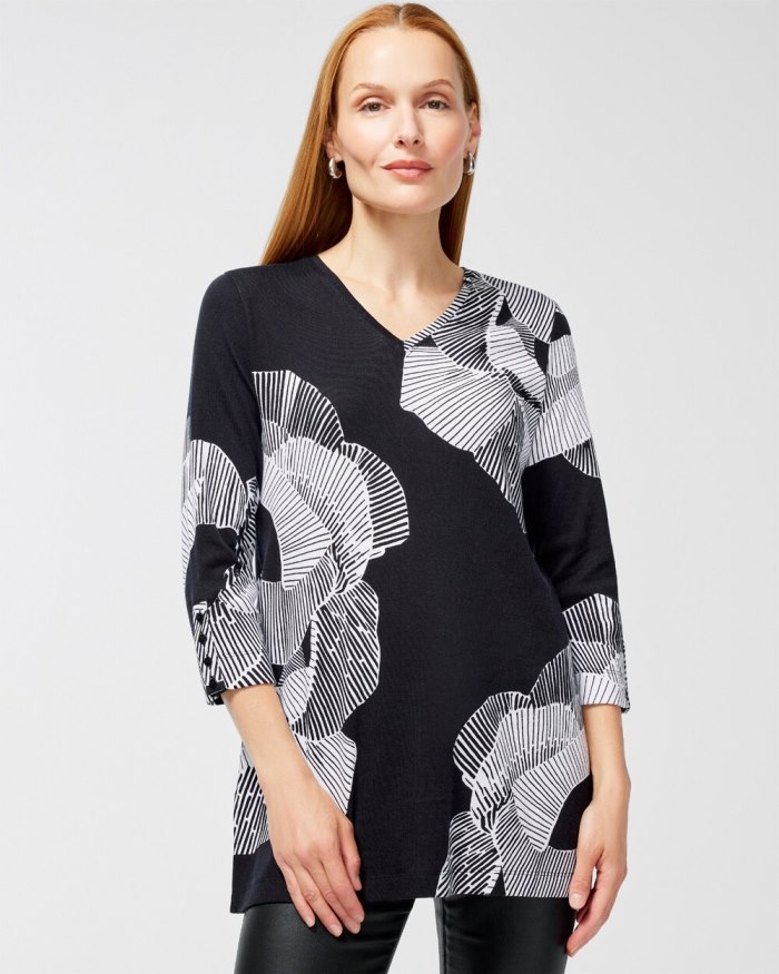 Women's Pima Floral Everyday Button Tunic - Black - Click Image to Close