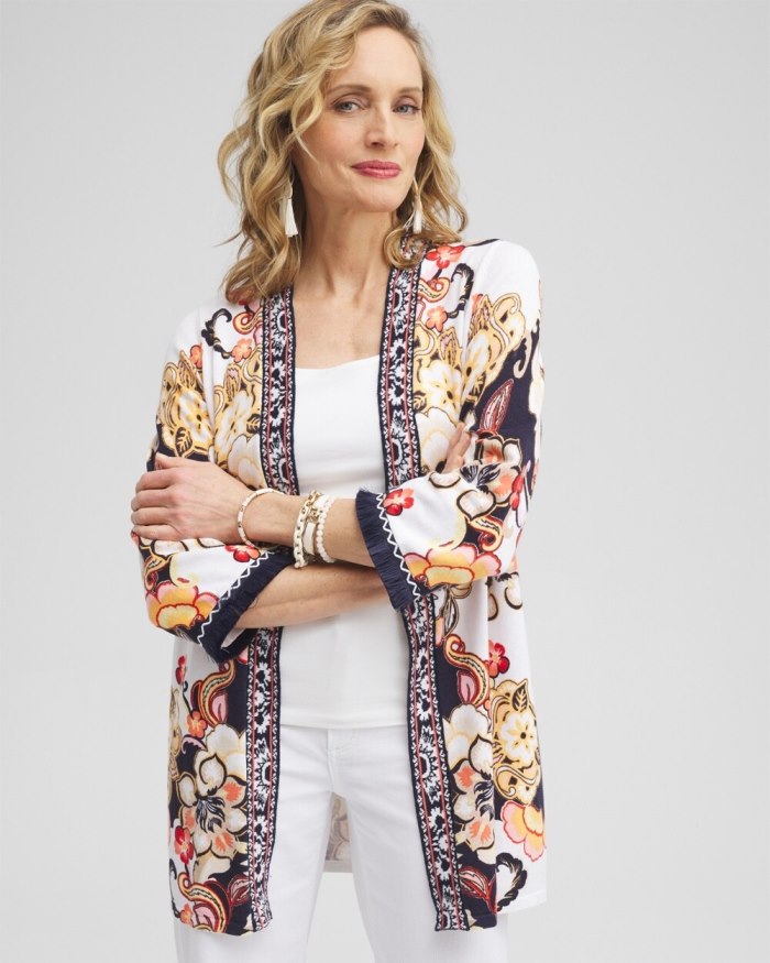 Women's Linen Blend Floral Fringe Cardigan - Classic Navy