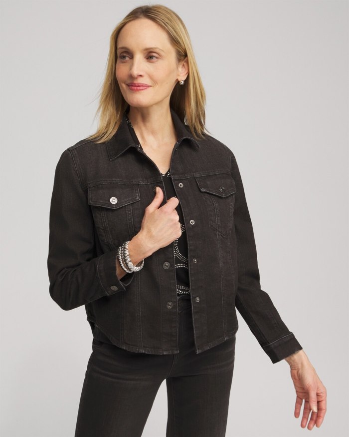 Women's Cropped Shirttail Denim Jacket - Black Oak Wash - Click Image to Close