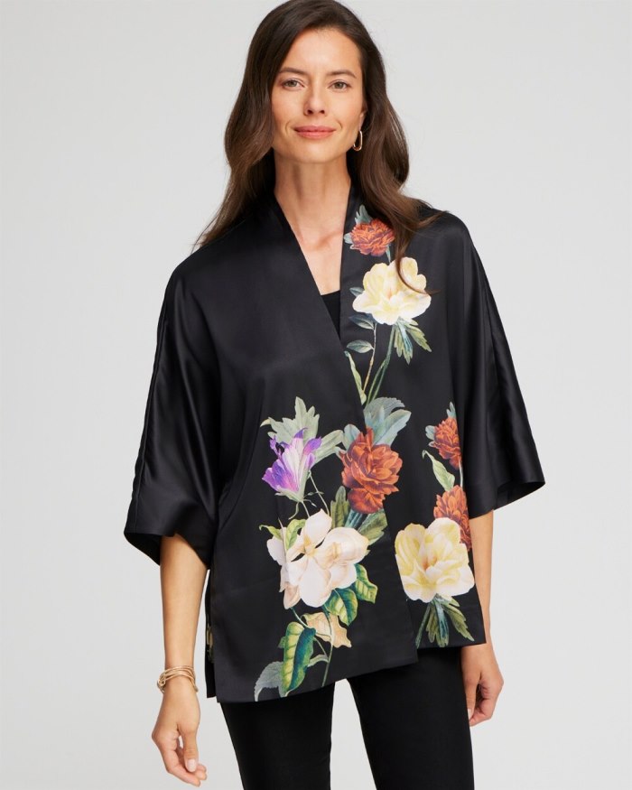 Women's Floral Short Kimono - Black