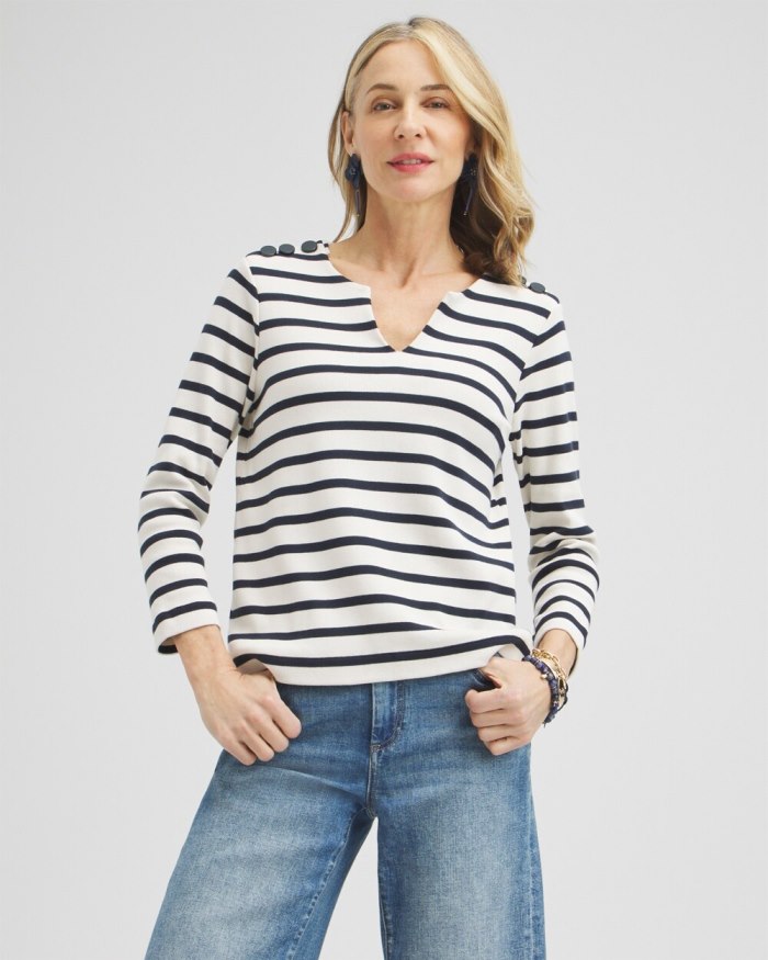 Women's Striped Notch Neck Top - Classic Navy - Click Image to Close