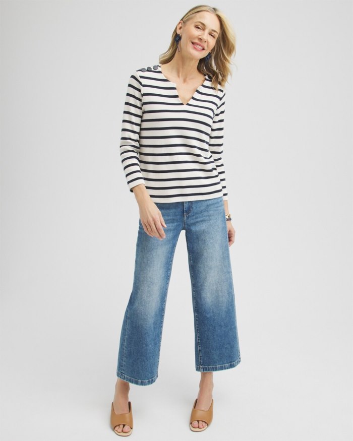 Women's Striped Notch Neck Top - Classic Navy