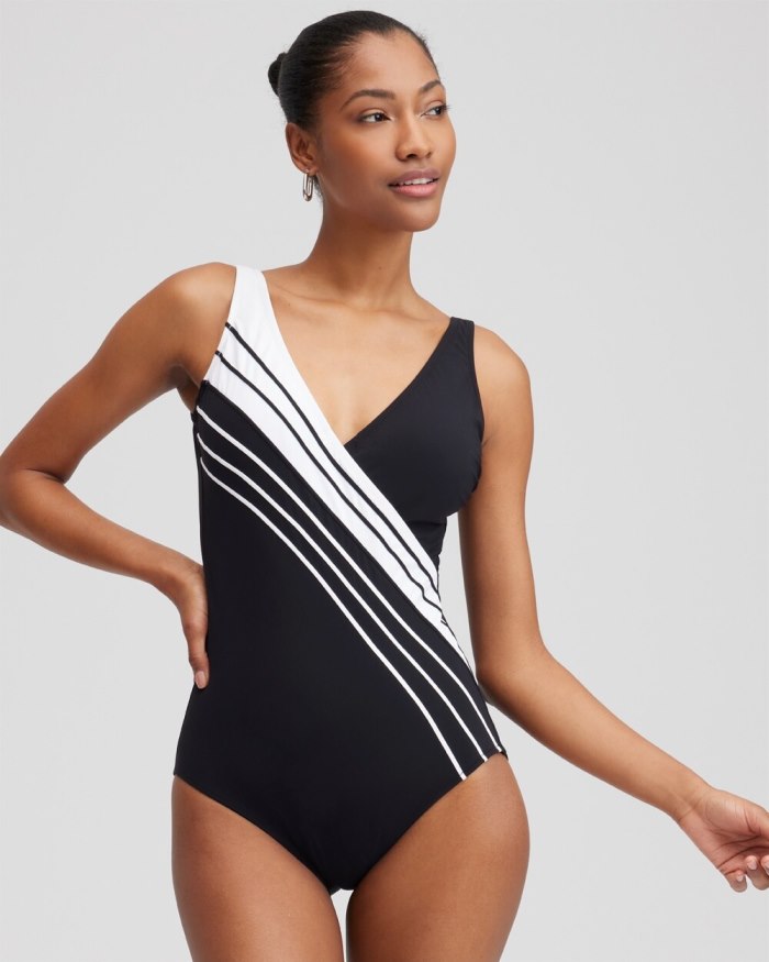 Women's V-neck One Piece Swimsuit - Black/White