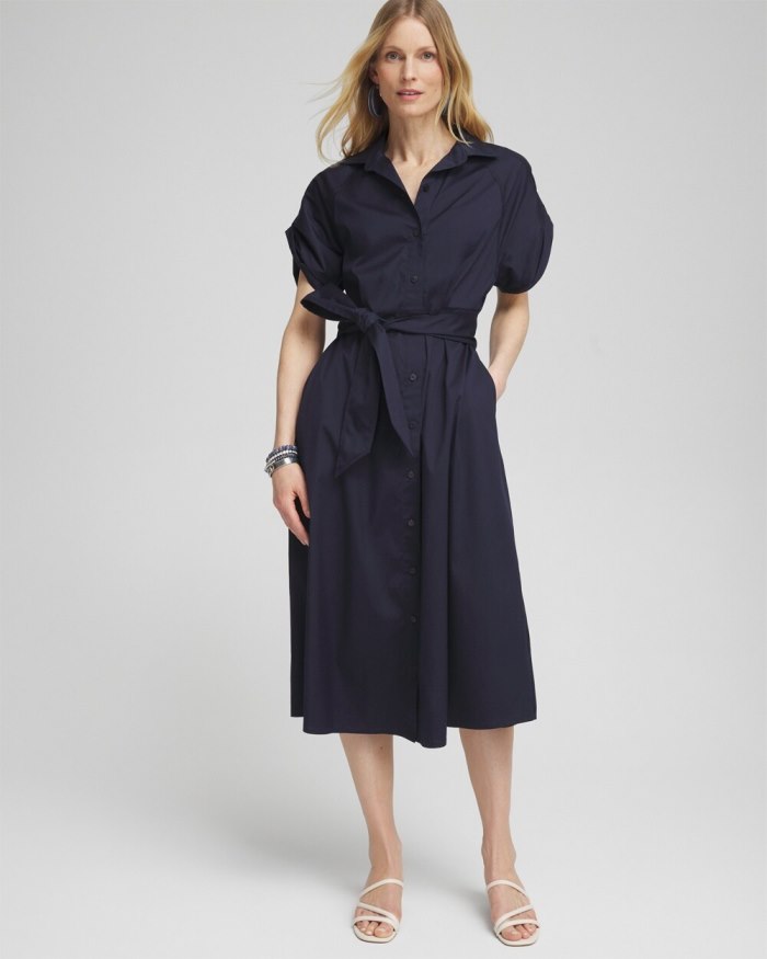 Women's Poplin Tie Waist Shirt Dress - Classic Navy - Click Image to Close